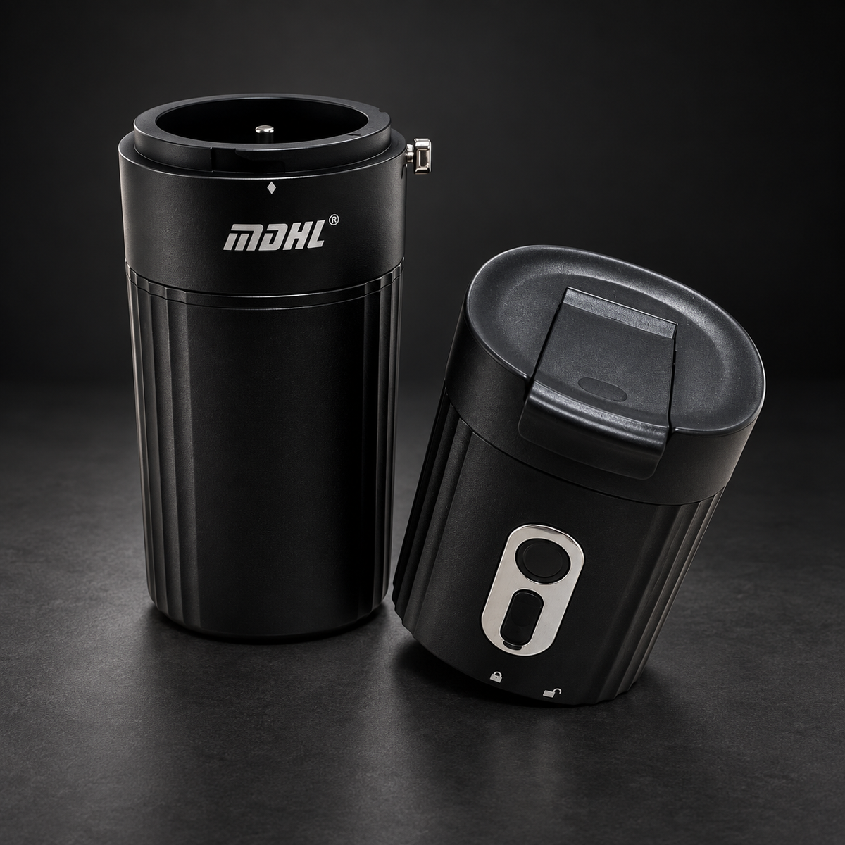 Edited studio image of the Portable Electric Coffee Grinder with its two body sections separated on a charcoal background.