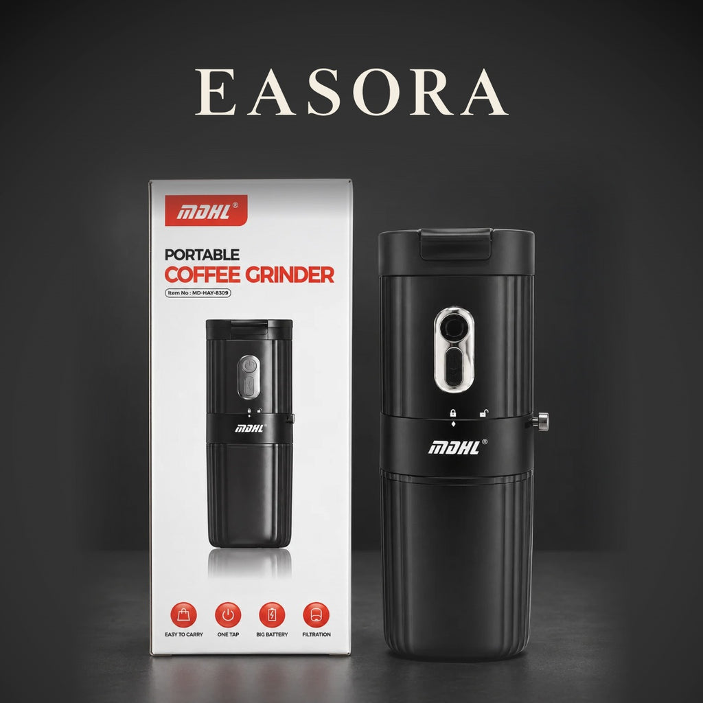 EASORA studio image of the Portable Electric Coffee Grinder beside its retail box on a charcoal background.