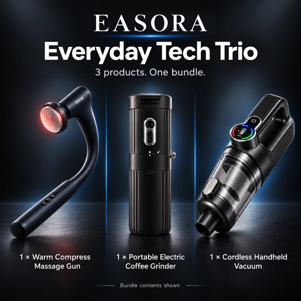 EASORA Everyday Tech Trio: 1 Warm Compress Massage Gun, 1 Portable Electric Coffee Grinder and 1 Cordless Handheld Vacuum.