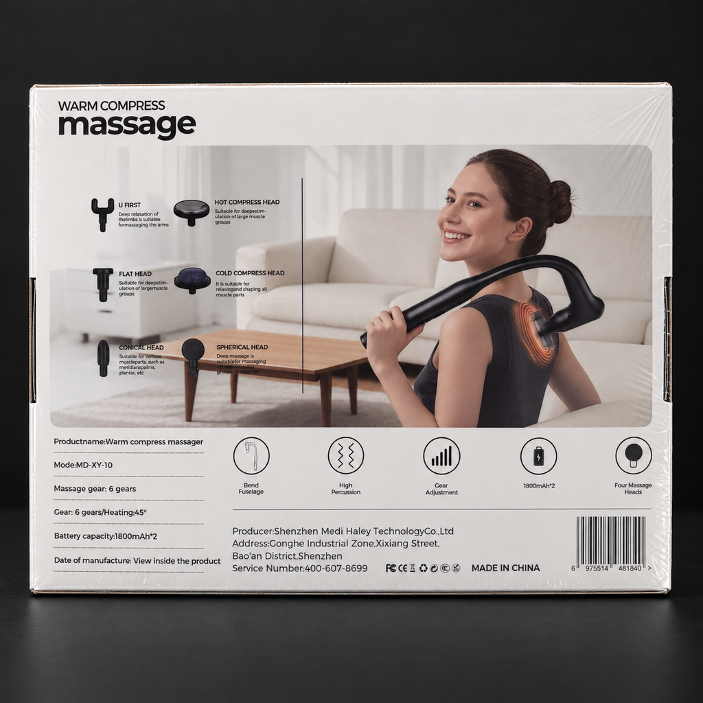 Edited studio image of the Warm Compress Massage Gun retail packaging reverse on a charcoal background.