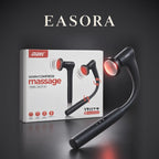 EASORA studio image of the Warm Compress Massage Gun beside its retail box on a charcoal background.