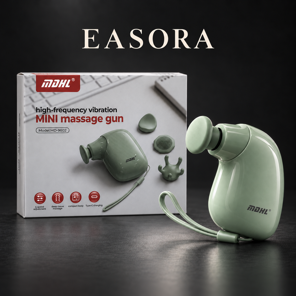Edited studio composition of a sage-green Mini Massage Gun with wrist strap in front of its retail box on a charcoal background. EASORA appears above.
