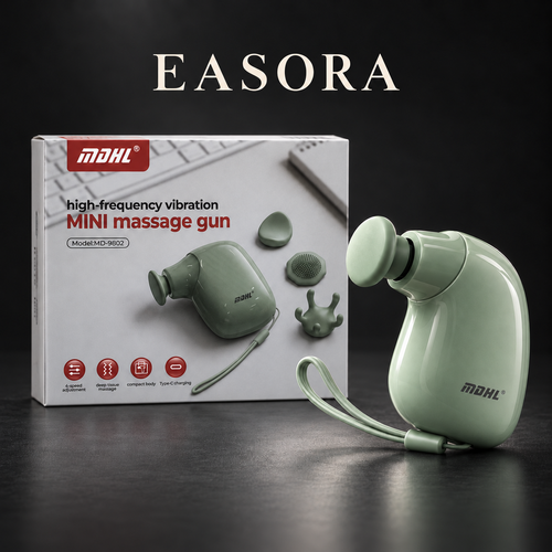 Edited studio composition of a sage-green Mini Massage Gun with wrist strap in front of its retail box on a charcoal background. EASORA appears above.