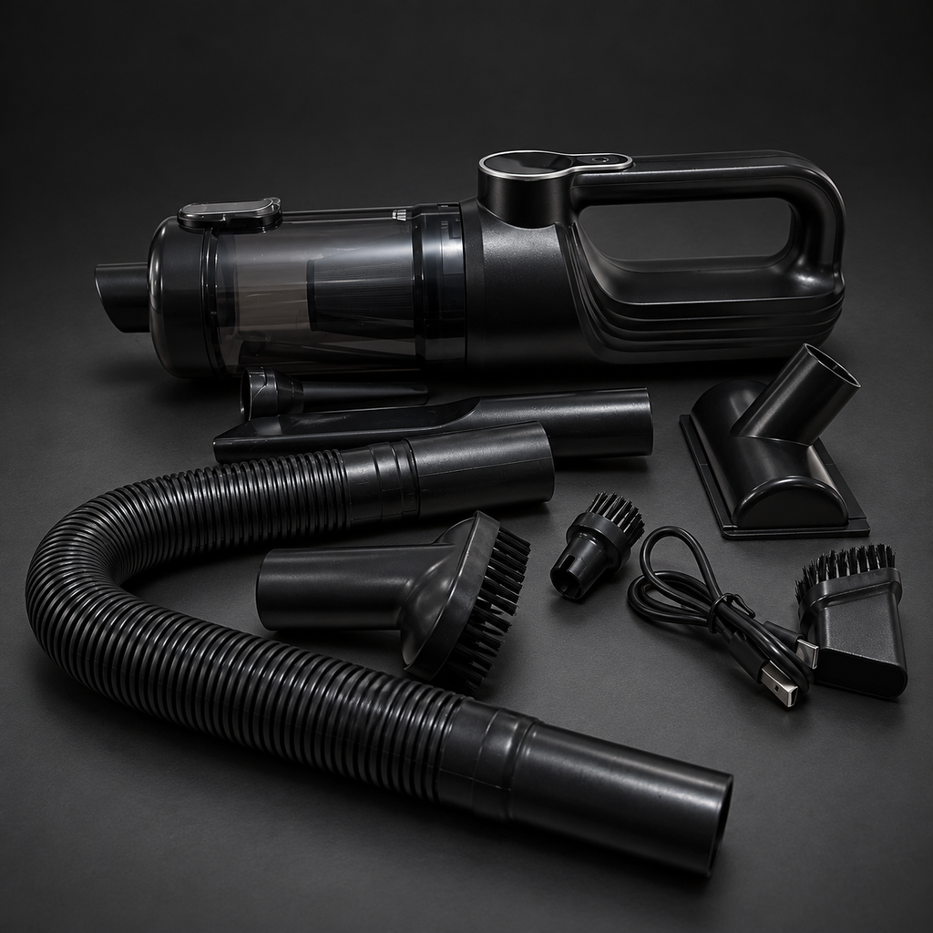 Edited studio image of the Cordless Handheld Vacuum with hose, nozzles, brushes and charging cable on a charcoal background.