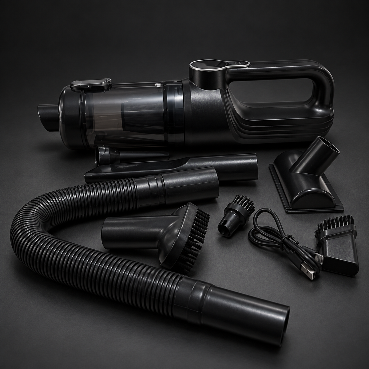 Edited studio image of the Cordless Handheld Vacuum with hose, nozzles, brushes and charging cable on a charcoal background.
