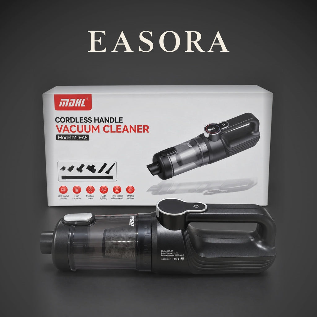 EASORA studio image of the Cordless Handheld Vacuum in front of its retail box on a charcoal background.
