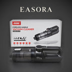 EASORA studio image of the Cordless Handheld Vacuum in front of its retail box on a charcoal background.