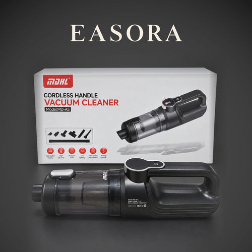 EASORA studio image of the Cordless Handheld Vacuum in front of its retail box on a charcoal background.