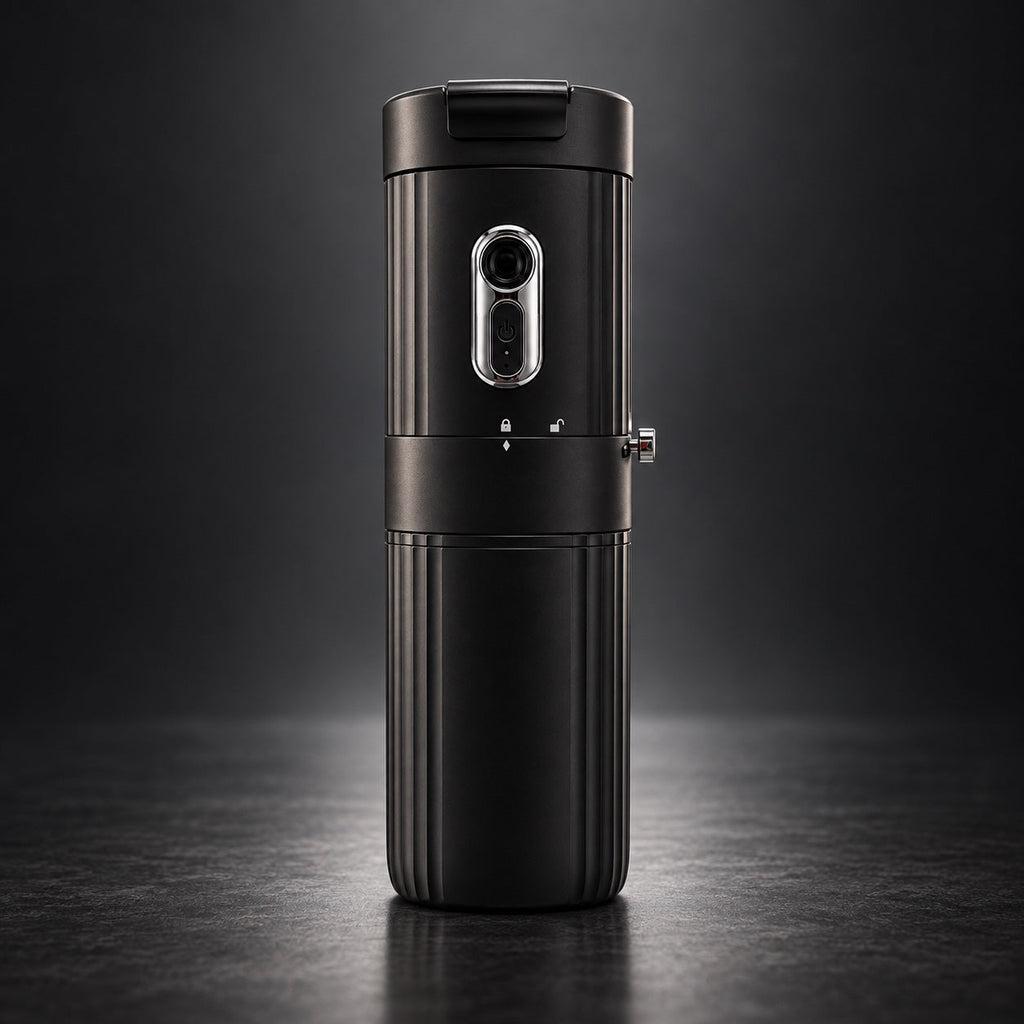Portable Electric Coffee Grinder on dark studio background