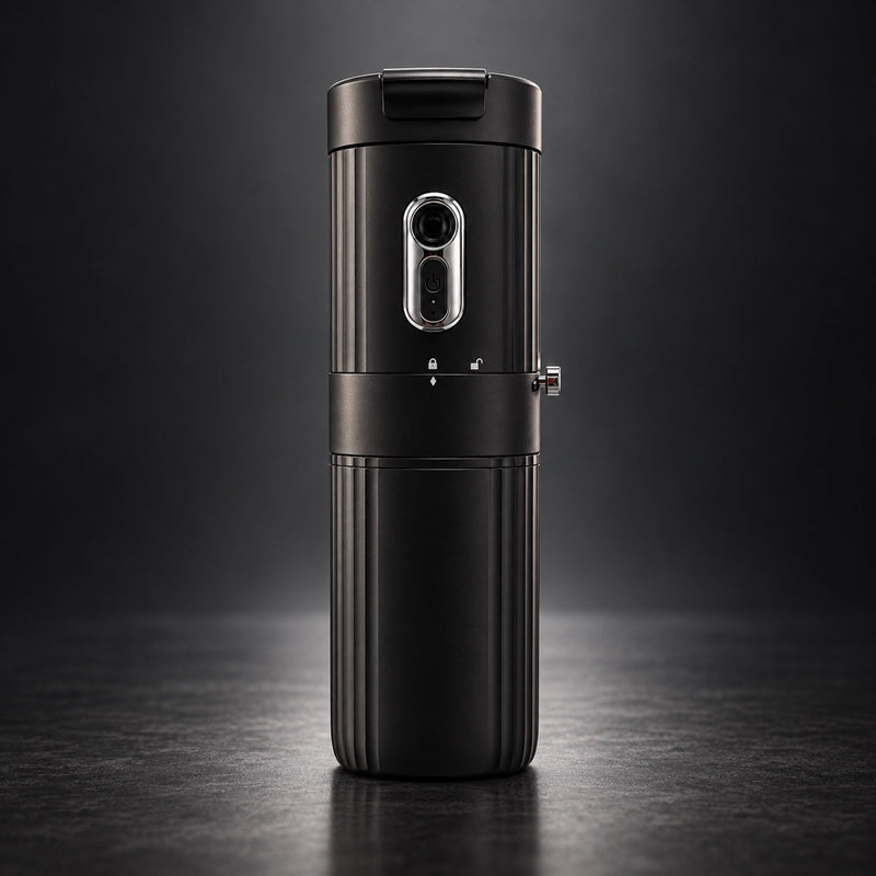 Portable Electric Coffee Grinder on dark studio background